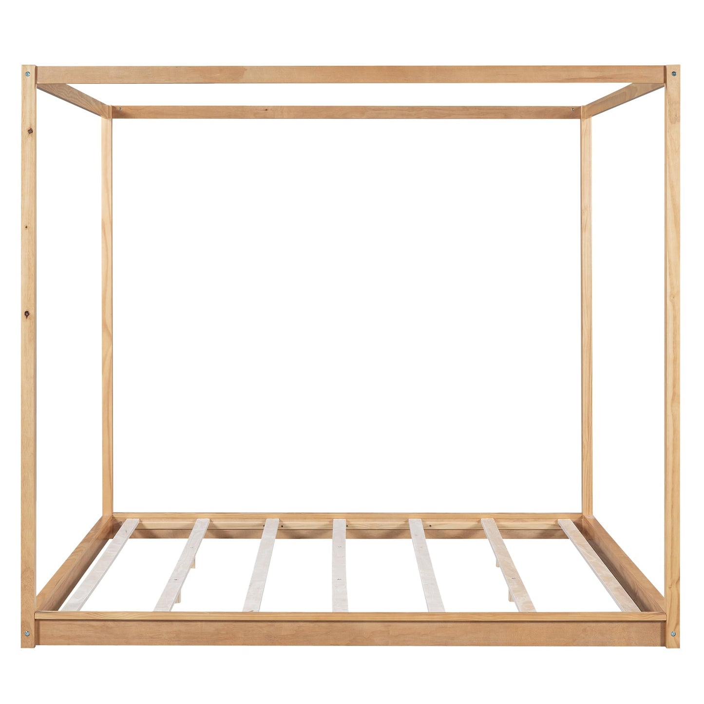 Stylish King Size Canopy Bed Frame in Natural Wood Finish with Slat Support - WoodArtSupply