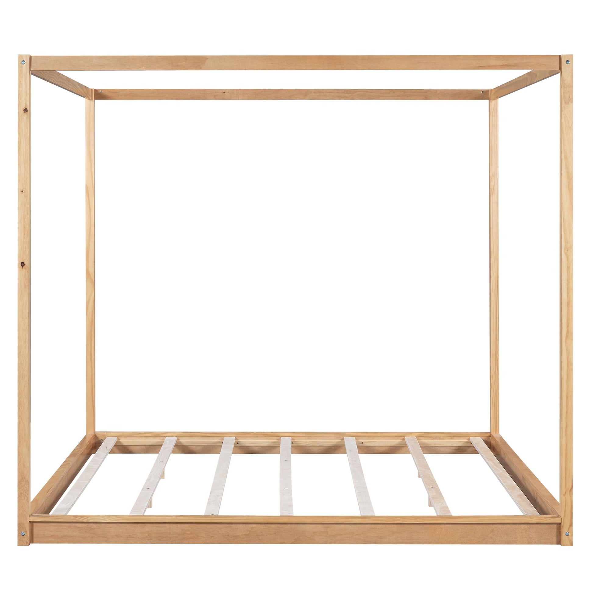 Stylish King Size Canopy Bed Frame in Natural Wood Finish with Slat Support - WoodArtSupply