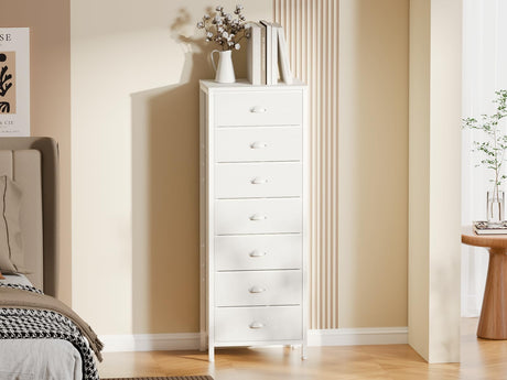 Furnulem White Tall Dresser for Bedroom with 7 Drawers, Vertical Chest of Drawer in Closet, Nightstand Storage Tower Unit Organizer with Fabric Bins for Dorm,Living Room,Entryway,Hallyway Furnulem