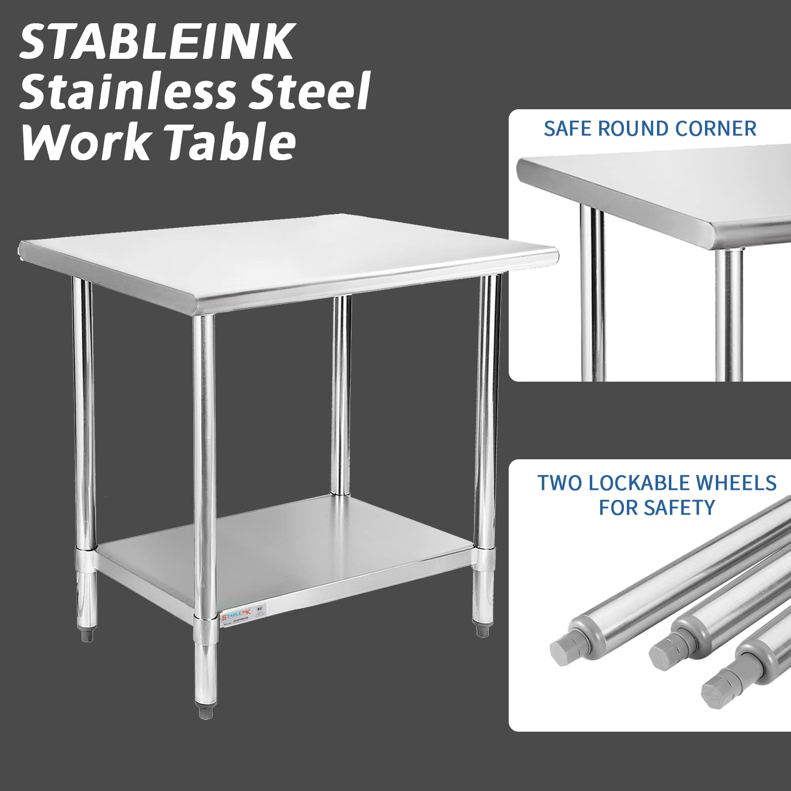 STABLEINK NSF Stainless Steel Table, 24 x 36 Inches Metal Prep & Work Table with Adjustable Undershelf, for Commercial Kitchen, Restaurant, Hotel and - WoodArtSupply