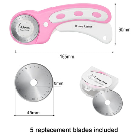 45mm Rotary Cutter with 5pcs Extra Blades, Ergonomic Handle Rolling Cutter with Safety Lock for Fabric, Leather, Crafting, Sewing, Quilting, Fabric Rotary Cutter Perfect for Left & Right Hand(Pink) Headley Tools