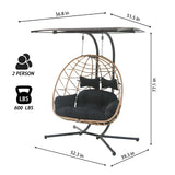 Jadoxy 2 Person Hanging Egg Chair with Canopy, Outdoor Rattan Swing Hammock Basket Chair with Soft Cushion, Wicker Egg Chair for Outdoor Patio, Balcony, Garden (Black) Jadoxy