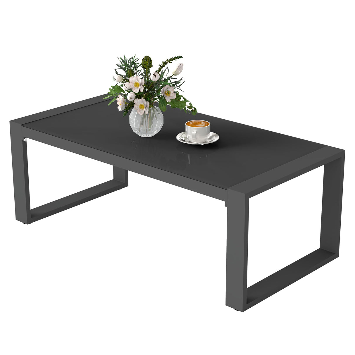 FansaFurn Aluminum Patio Outdoor Coffee Table with Tempered Glass Desktop, U-Frame Modern Patio Coffee Table with Adjustable Feet for Outdoor, Grey FansaFurn