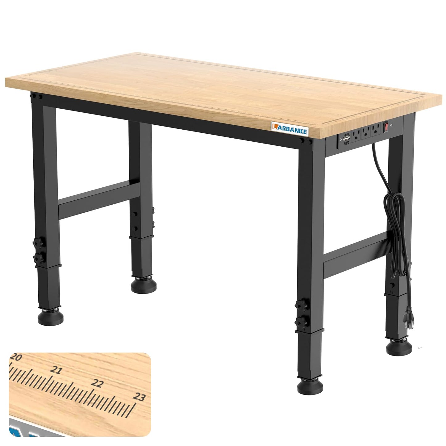 LARBANKE 48" Workbench with Scales,Weight Capacity to 2300 LBS Heavy Duty Rubberwood Worktable,Adjustable Worktable with 5 Adjustable Heights,Power Outlet,Suitable for Workshops,Offices and H - WoodArtSupply