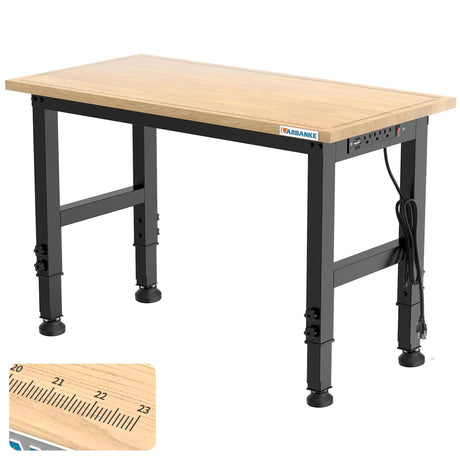 LARBANKE 48" Workbench with Scales,Weight Capacity to 2300 LBS Heavy Duty Rubberwood Worktable,Adjustable Worktable with 5 Adjustable Heights,Power Outlet,Suitable for Workshops,Offices and Homes LARBANKE