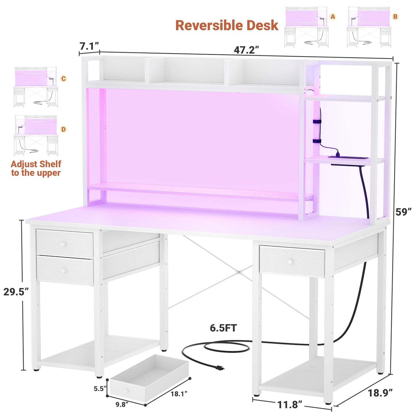 Aheaplus Desk with LED and Outlets, Gaming Desk with Hutch, 47.2'' Computer Desk with Drawers, Reversible Office Desk with Storage Bookshelf Large Workstation Desk with Shelf, Desk for Home, White