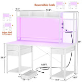 Aheaplus Desk with LED and Outlets, Gaming Desk with Hutch, 47.2'' Computer Desk with Drawers, Reversible Office Desk with Storage Bookshelf Large Workstation Desk with Shelf, Desk for Home, White Aheaplus
