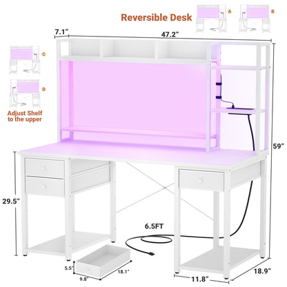 Aheaplus Desk with LED and Outlets, Gaming Desk with Hutch, 47.2'' Computer Desk with Drawers, Reversible Office Desk with Storage Bookshelf Large Workstation Desk with Shelf, Desk for Home, White