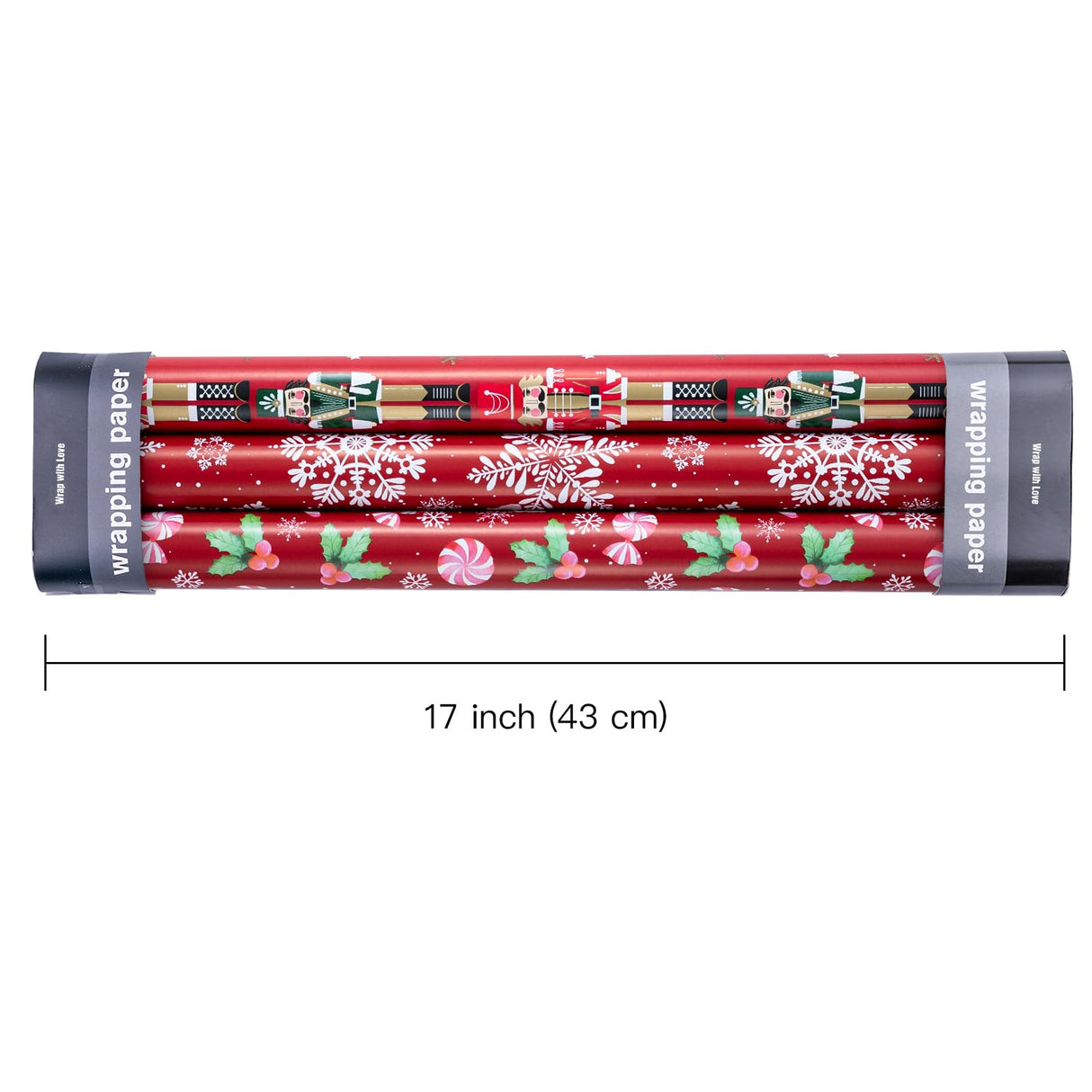 WRAPAHOLIC Christmas Wrapping Paper Roll - Mini Roll - 3 Rolls - 17 Inch x 120 Inch Per Roll - Red Nutcracker, Snowflake, Candy cane and Holly Holiday Collection WRAPAHOLIC