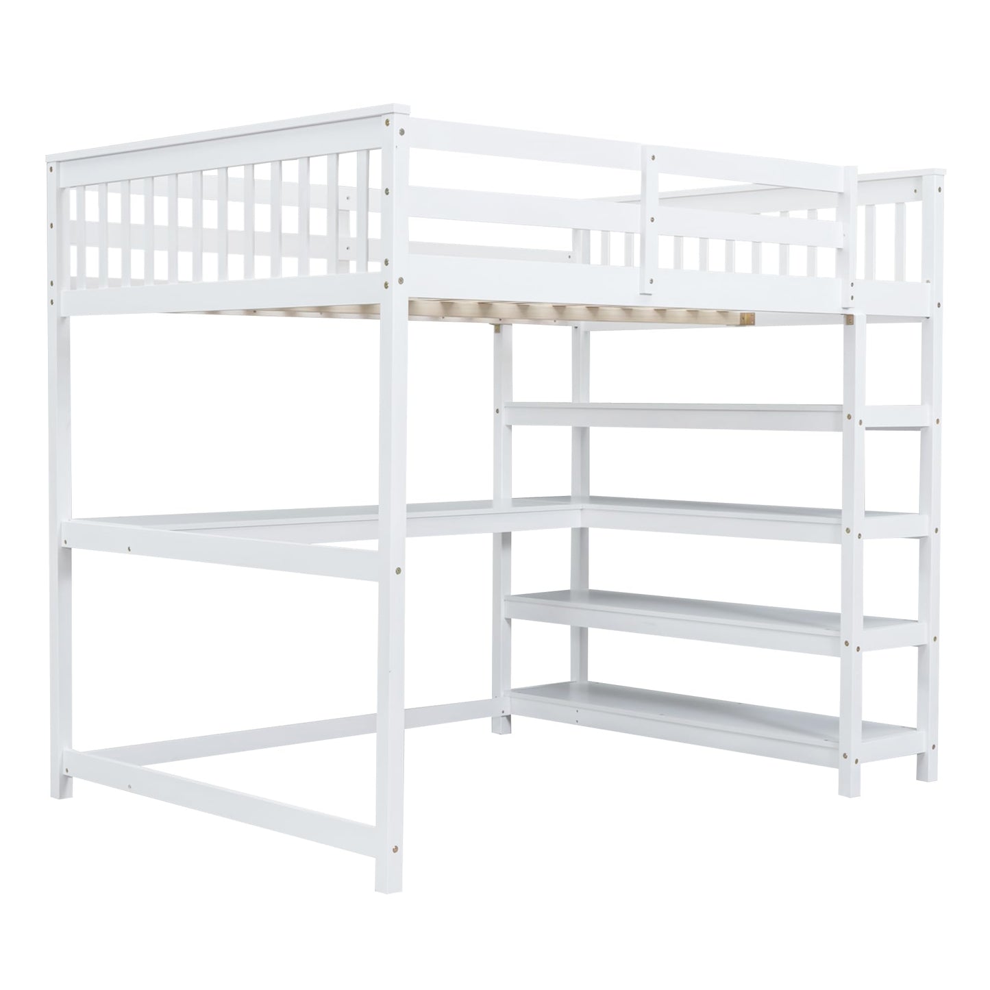 Merax Twin Size White Wood Loft Bed with Under-Bed Desk and 4 Storage Shelves - WoodArtSupply