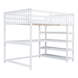 Merax Twin Size White Wood Loft Bed with Under-Bed Desk and 4 Storage Shelves Merax