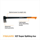 Fiskars X27 Super Splitting Axe, 36" Wood Splitting Axe for Medium to Large Size Logs with Shock-Absorbing Handle, Split Firewood, Forged Steel Blade, Bushcraft Gear and Camping Hatchet Fiskars