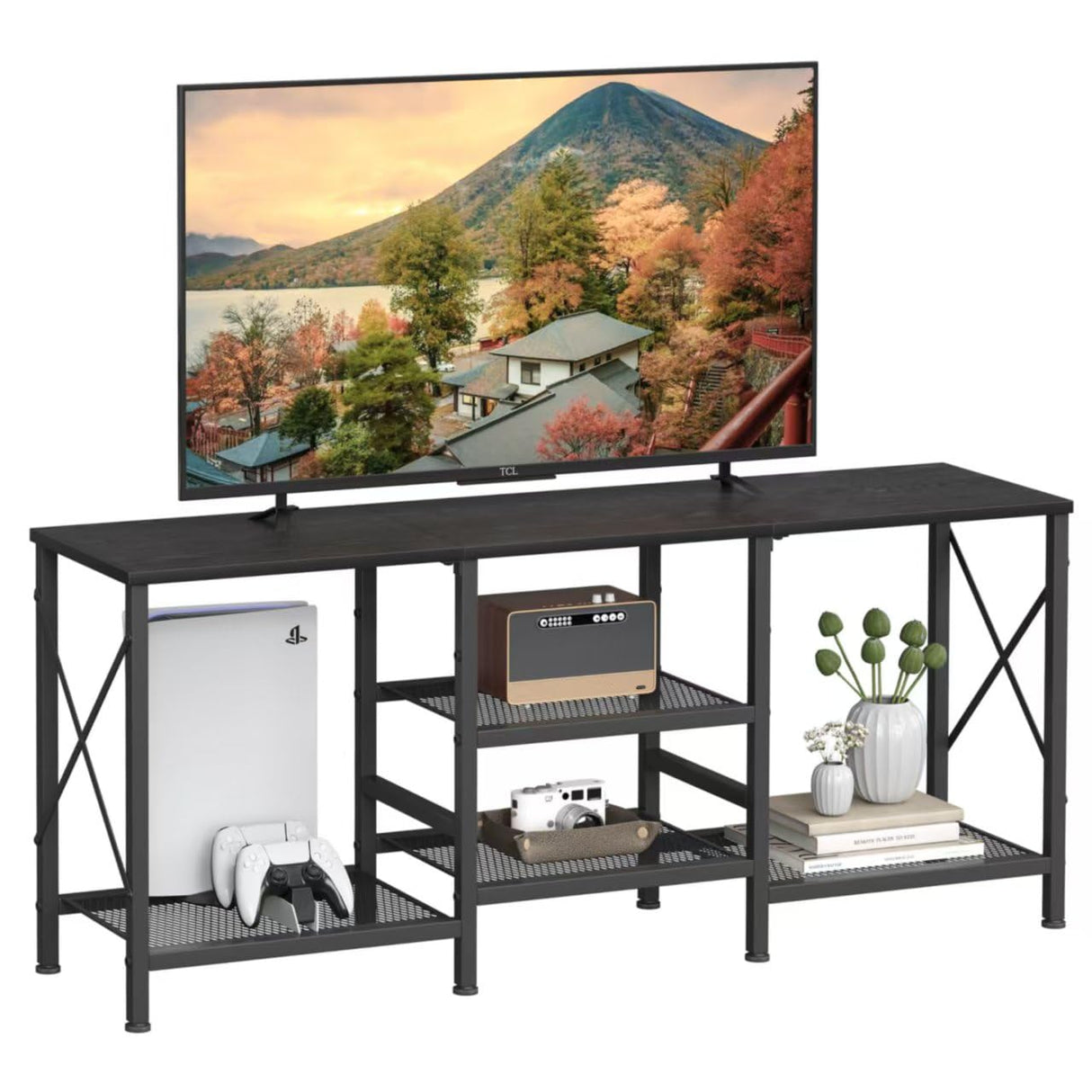 JARHETUN TV Stand for 55 Inch TV, Entertainment Center with 3-Tier Open Shelves, TV Console Table for Living Room, Bedroom, Black JARHETUN