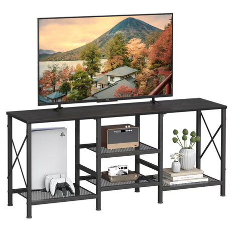 JARHETUN TV Stand for 55 Inch TV, Entertainment Center with 3-Tier Open Shelves, TV Console Table for Living Room, Bedroom, Black JARHETUN