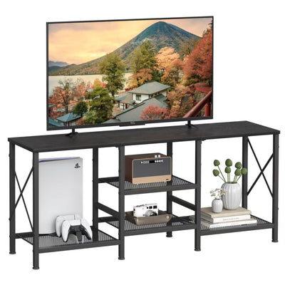 JARHETUN TV Stand for 55 Inch TV, Entertainment Center with 3-Tier Open Shelves, TV Console Table for Living Room, Bedroom, Black