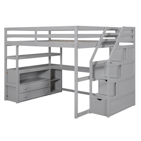 SOFTSEA Grey Full-Size Loft Bed with Integrated Desk and Storage Solutions SOFTSEA