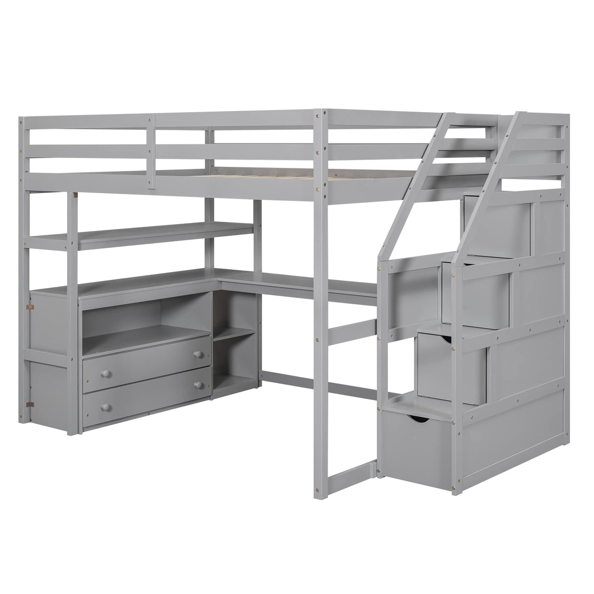 Merax Full Size Loft Bed with L-Shaped Desk, Storage Drawers, and Staircase in Grey Merax