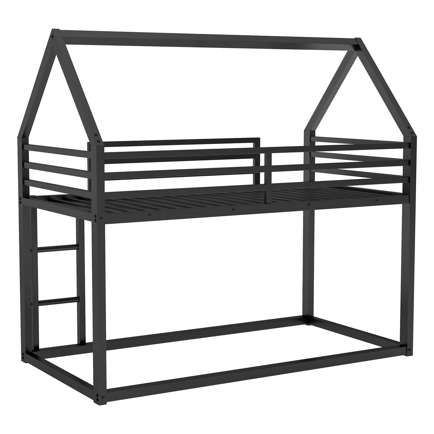 PVWIIK Twin Over Twin Metal Floor Bunk Bed with Safety Guardrails and Roof Design for Kids,Girls, Boys,House Shaped Bunk Bed Frame,No Box Spring Required,Black