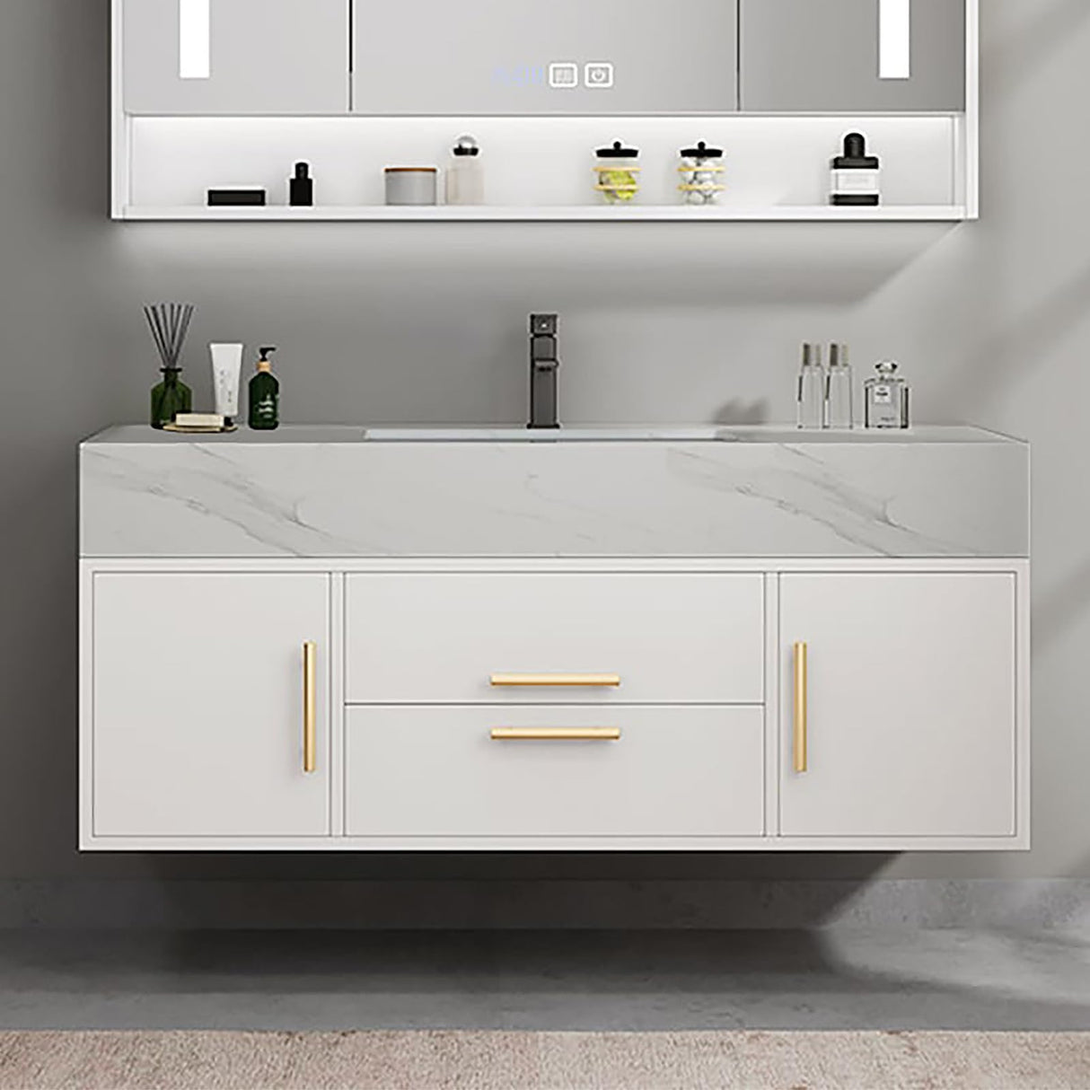 Weibath 39" White Floating Bathroom Vanity Set Stone Top Wall Mounted Bathroom Cabinet Weibath