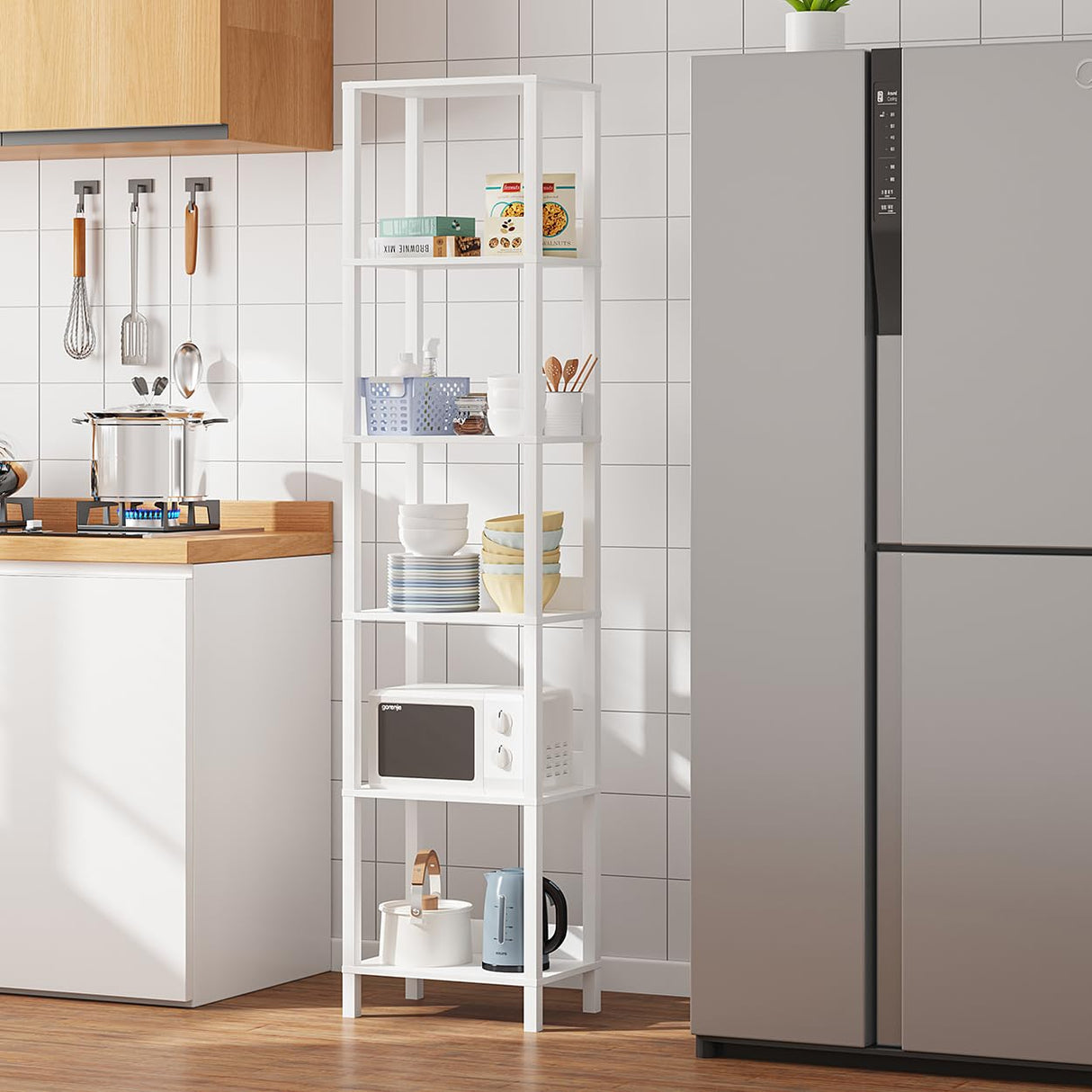 VIMBER 6 Tier Bookshelf with Anti-Fall Baffle, Tall 64.79" Bookcase with DIY Shelves, Industrial Book Shelf Storage Organizer, Display Free Standing Shelf Unit for Bedroom, Living Room, Office, White VIMBER