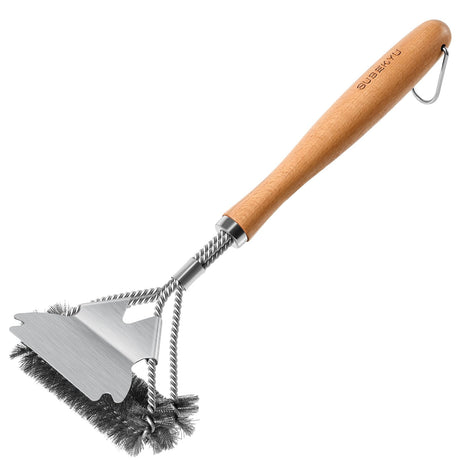 SUBEKYU Grill Brush for Outdoor Grill, 15.3'' BBQ Grill Scraper Cleaning Brush for Outdoor Grill, Safe Stainless Steel Grill Cleaner Scrubber with Scraper, Beech Wood Handle, 1Pack SUBEKYU