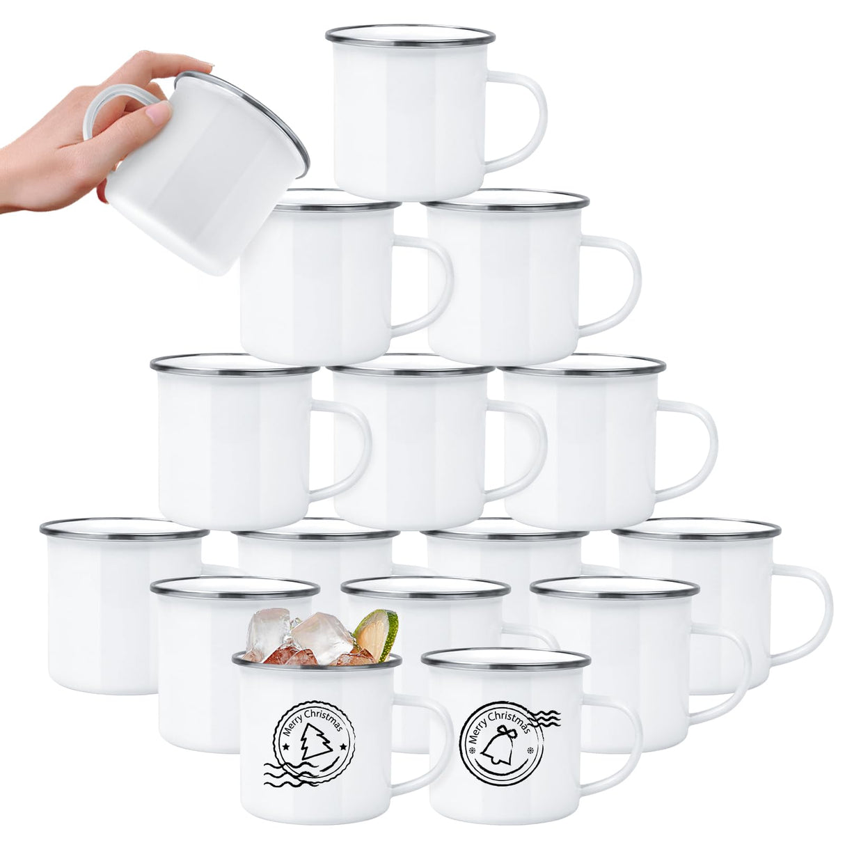 YOUKE OLA 16 Pack Sublimation Blanks Enamel Mug Camping Outdoor Coffee Travel Metal Mug with Silver Rim for Heat Transfer DIY Gift White 12oz YOUKE OLA
