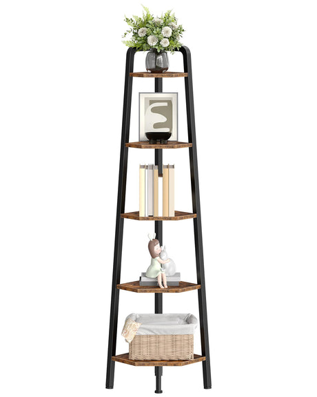 CHOEZON Corner Shelf, 5-Tier Ladder Corner Shelf, Ladder Bookshelf, 59.6" Tall Vertical Display Stand, Metal Frame Bookshelf, for Living Room, Bedroom, Kitchen, Rustic Brown and Black TCJ20BF CHOEZON