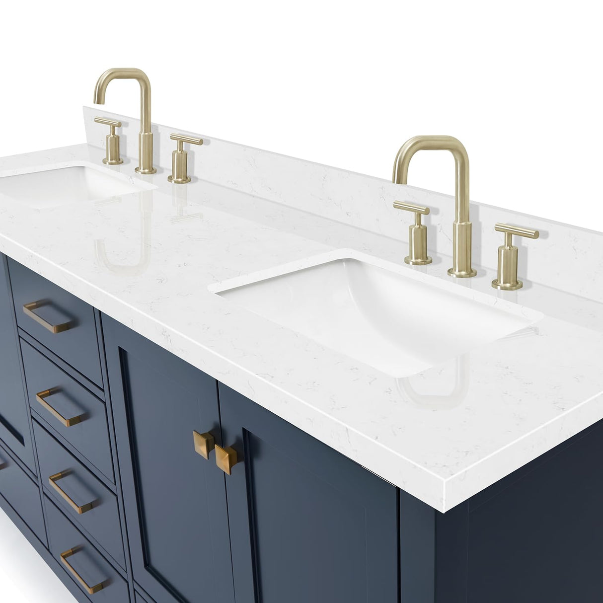 ARIEL Cambridge 72" Midnight Blue Double Vanity, 1.5" Edge Carrara White Quartz Countertop & Splash, Rectangular Sinks, 4 Soft Closing Doors, 6 Full Extension Dovetail Drawers, Satin Brass ARIEL