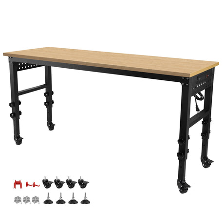 Dithoko Adjustable Workbench, 72" Heavy Duty Workstation with Power Outlets, Rolling Wheel, Hanging Plates and Hooks, 2000 LBS Load Capacity Hardwood Worktable for Garage, Workshop, Office and Home Dithoko