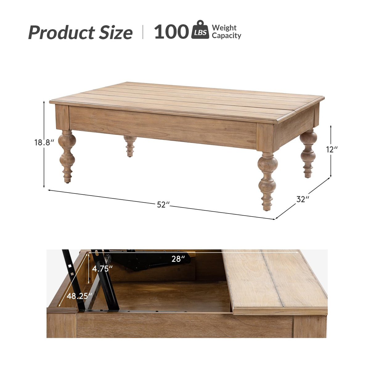 HULALA HOME Coffee Table Lift Top with Storage, Gourd-Shaped Legs, Wood Convertible Table for Living Room, Natural HULALA HOME