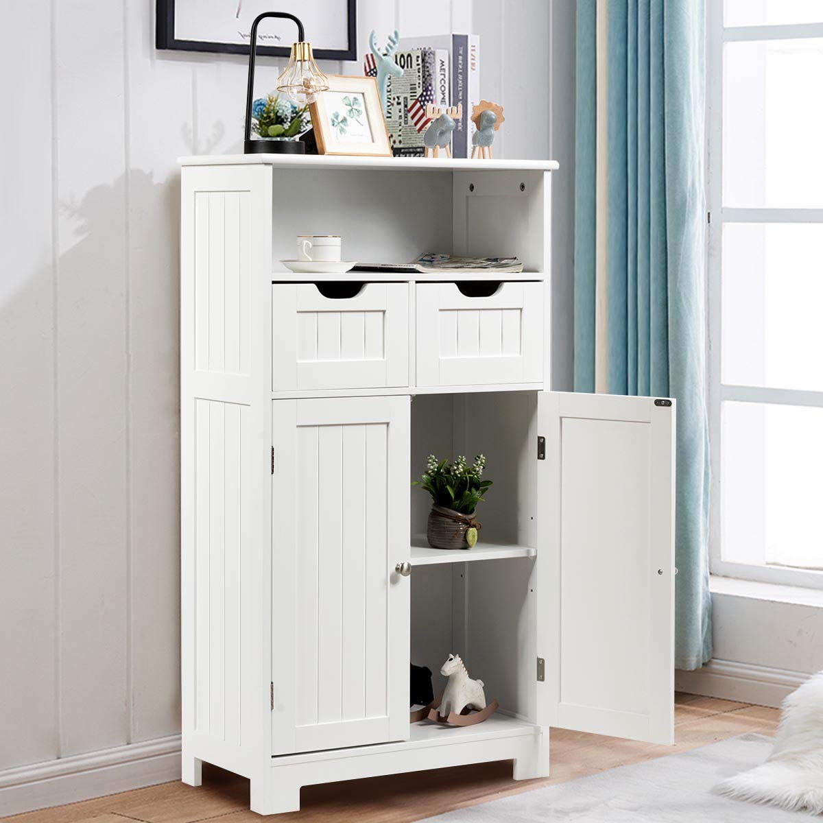 Tangkula Bathroom Floor Cabinet, Storage Cabinet w/Open Shelf, 2 Doors & 2 Adjustable Drawers, Standing Cupboard for Kitchen, Bathroom Cabinet for Living Room Home Office (White) Tangkula