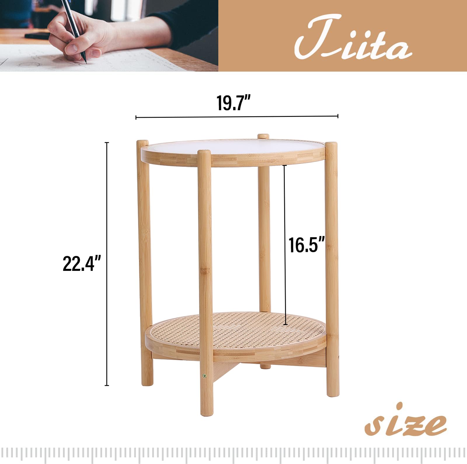 Tiita Rattan Coffee Table, Round End Table, 19.7Inch Modern Side Table, Small Bamboo Living Room Side Table, Glass Sofa End Table for Balcony and Office Outdoor/Indoor (Horizontal Stripe) - WoodArtSupply