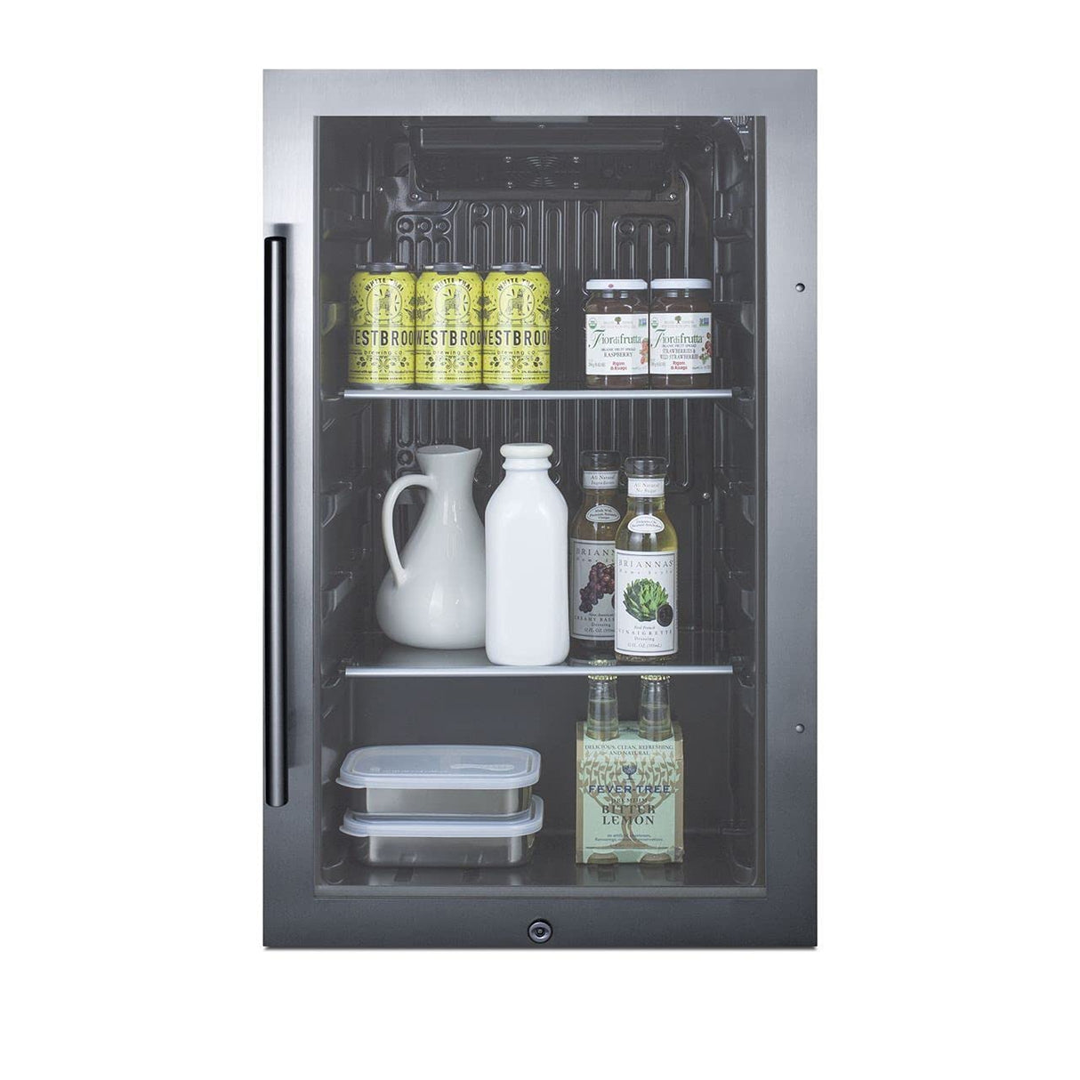 Summit Appliance SPR488BOS Commercially Approved Shallow Depth Indoor/Outdoor Beverage Cooler, Seamless Stainless Steel Door Trim, Glass Door, Black Interior, Front Lock, and Dial Thermostat Summit Appliance
