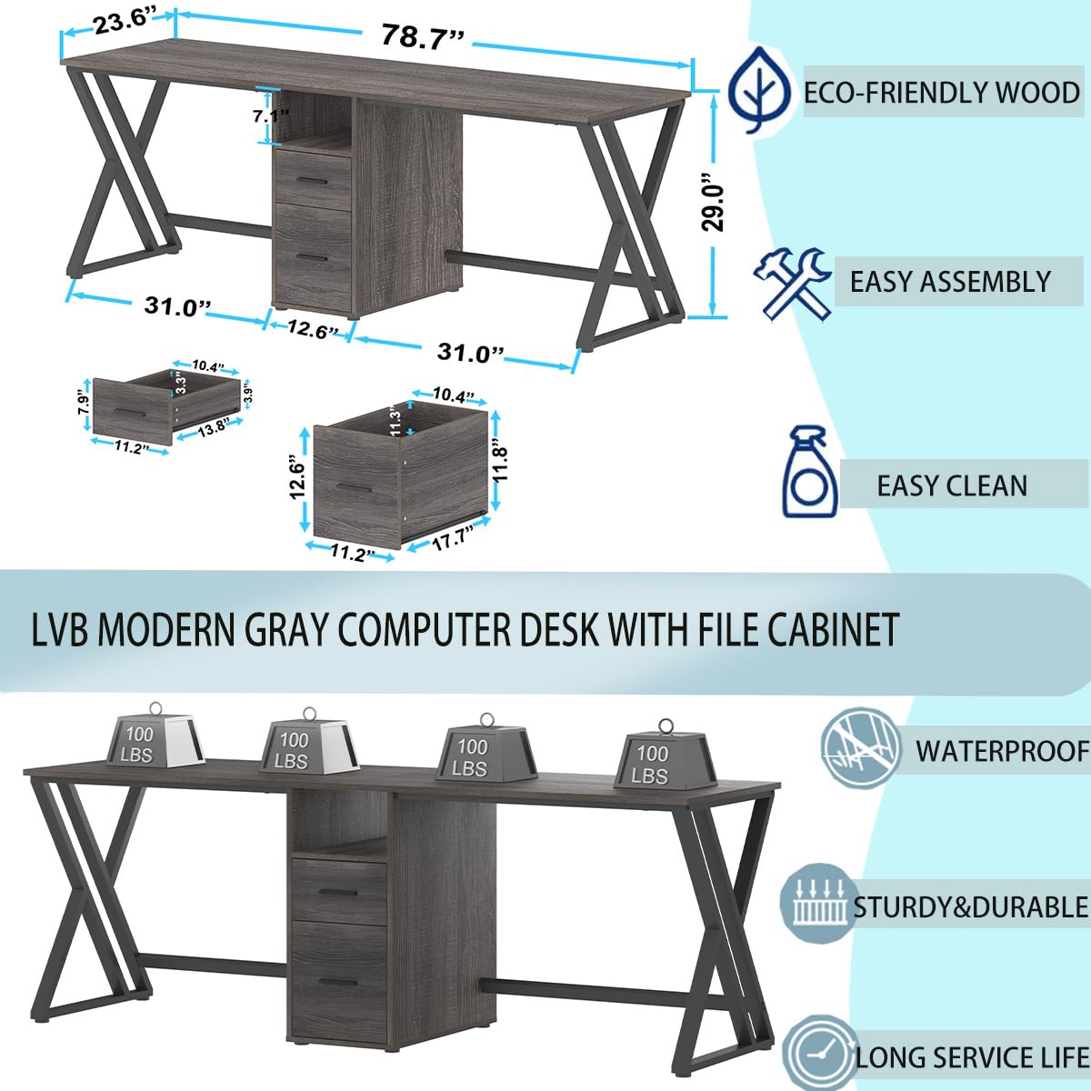LVB Extra Long 2 Person Desk, Large Rustic Computer Desk with File Drawer, Industrial Wood Double Desk with Storage Cabinet Shelf, Modern PC Writing Study Work Dual Executive Office Desk, Gray, 79 in LVB