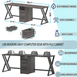 LVB Extra Long 2 Person Desk, Large Rustic Computer Desk with File Drawer, Industrial Wood Double Desk with Storage Cabinet Shelf, Modern PC Writing Study Work Dual Executive Office Desk, Gray, 79 in LVB
