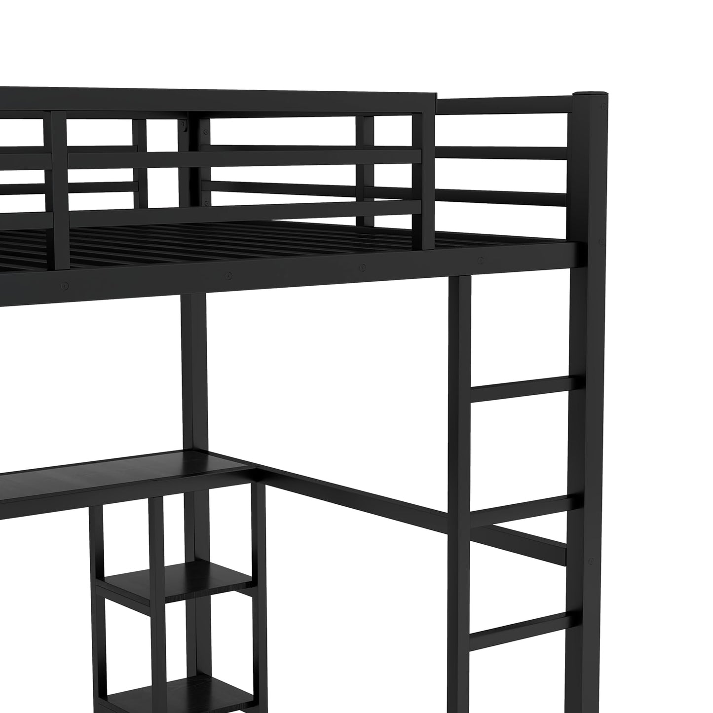 Queen Loft Bed with Desk and Storage Shelves, Loft Bed Queen Size, Queen Loft Bed with Wardrobe and Hanging Rod, Metal Loft Bed with Guardrail and Ladder, Queen Loft Bed for Adults Teens(Queen Balck)