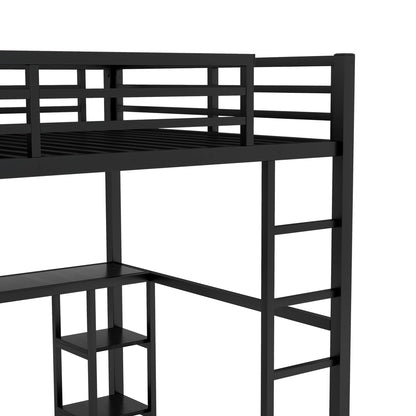 Queen Loft Bed with Desk and Storage Shelves, Loft Bed Queen Size, Queen Loft Bed with Wardrobe and Hanging Rod, Metal Loft Bed with Guardrail and Ladder, Queen Loft Bed for Adults Teens(Queen Balck)