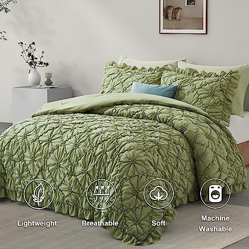 BEDAZZLED Queen Size Comforter Sets, Green Bedding Comforter Set, 3 Pieces Pinch Pleat Bedding Sets with Comforter and Pillowcases Soft Farmhouse Shabby Chic Comforter for All Season BEDAZZLED