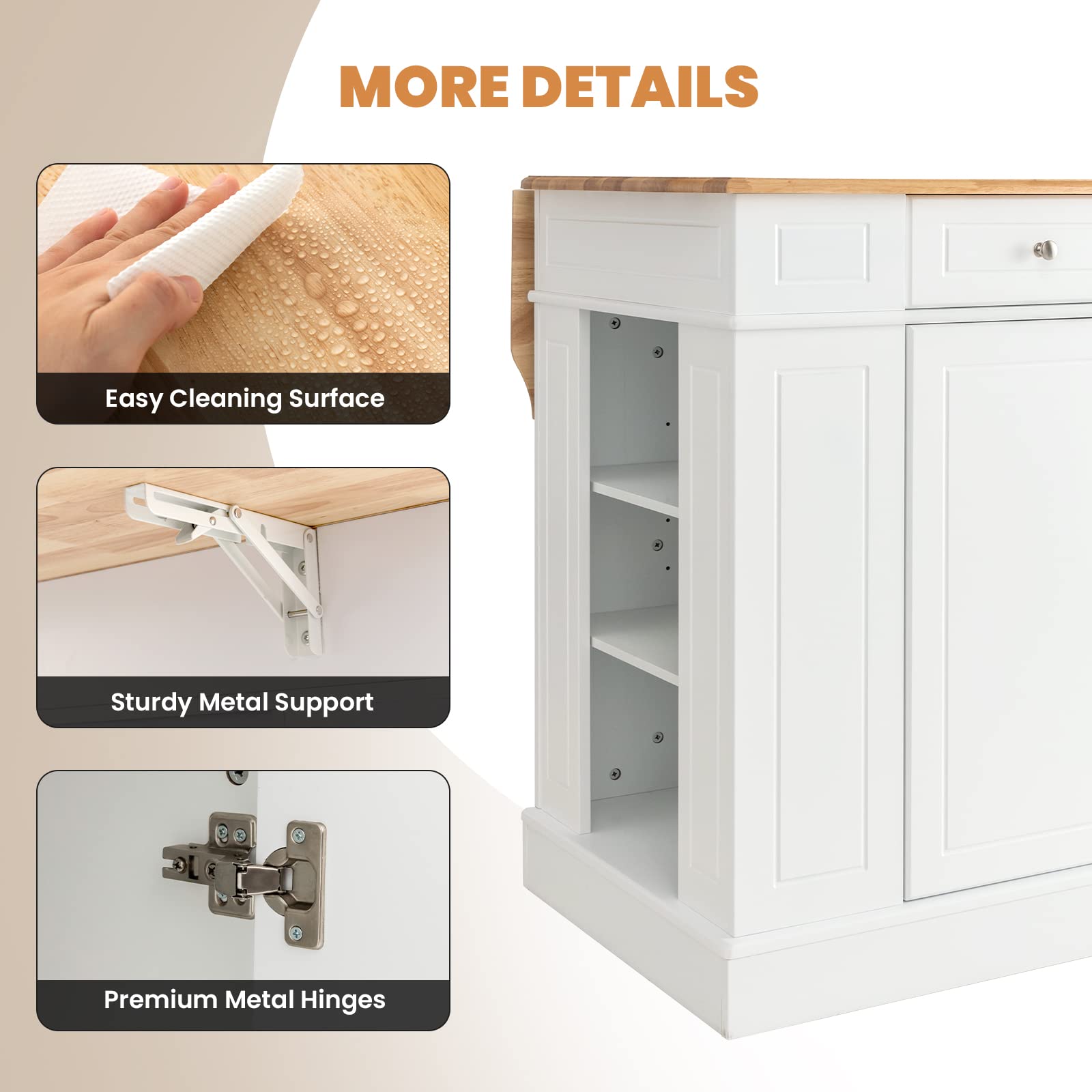 LOKO White Kitchen Island with Drop Leaf, Storage Cabinet, Adjustable Shelves & Drawers - WoodArtSupply