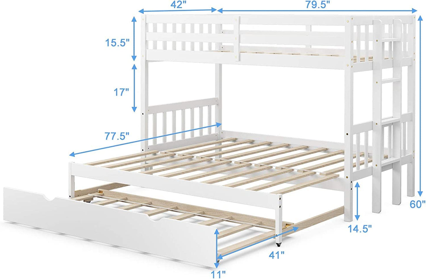 Giantex Versatile Twin Over Pull-Out Bunk Bed with Trundle - Solid Wood in White - WoodArtSupply