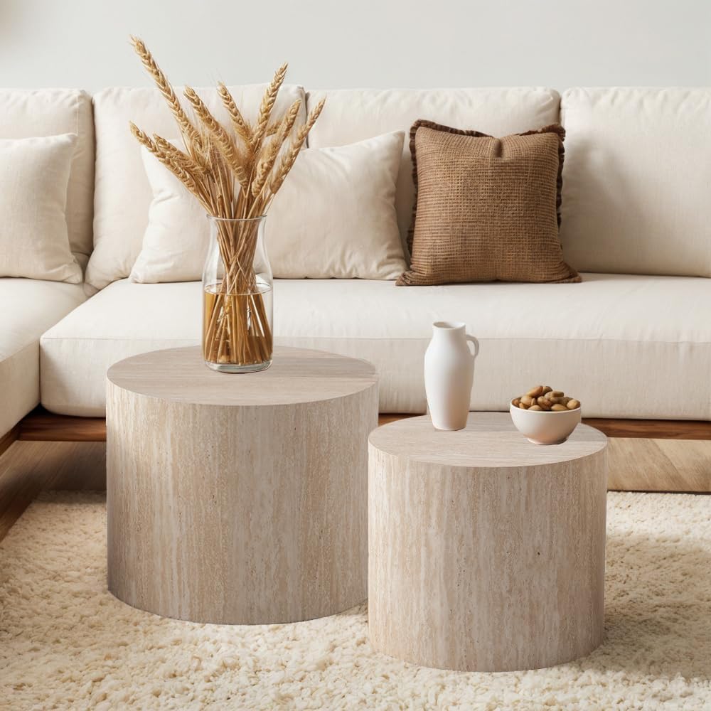 Round Nesting Coffee Table Set of 2 Modern Small Round Coffee Table Travertine Side Table Small Round End Table Circular Coffee Table Circle Nested Coffee Table for Living Room (Travertine) YYZIWYUN