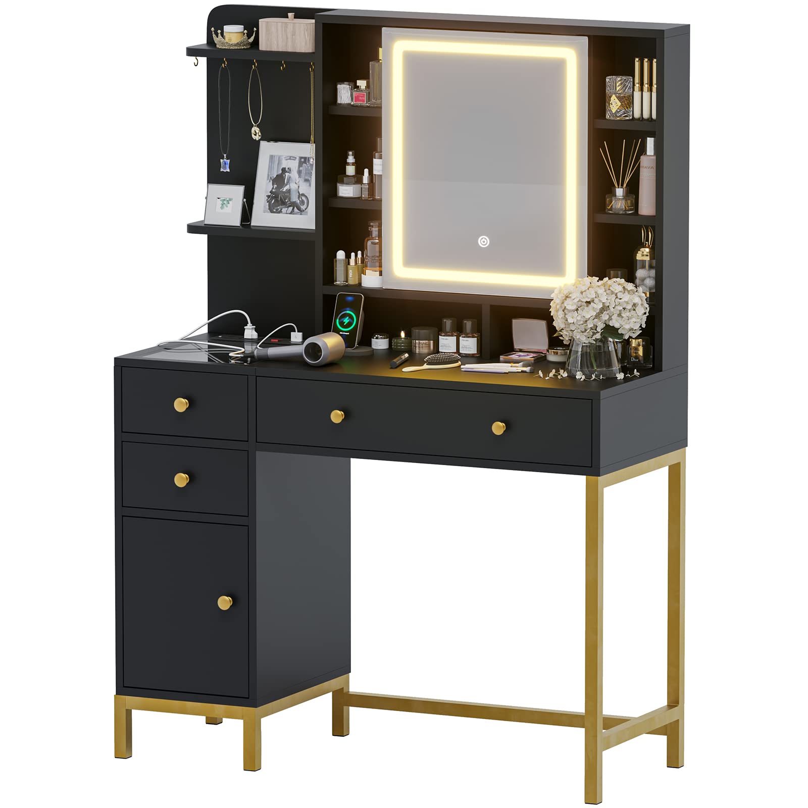 VIAGDO Vanity Desk with Openable Mirror and Lights, Black Makeup Vanity with Lights & Charging Station, Bedroom Vanity Table with 3 Drawers, Hooks, Hidden Storage Shelves - WoodArtSupply