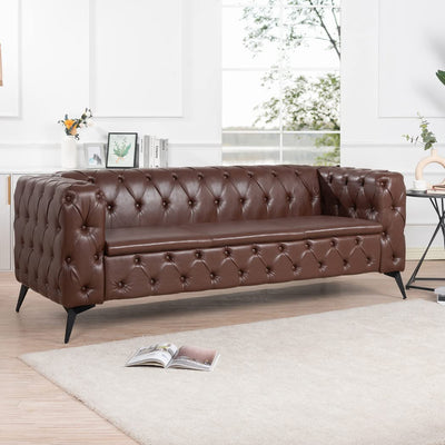 84" Chesterfield Couch PU Leather, Traditional Square Arm Removable Cushion 3 Seater Sofa, Tufted Button Trim with Iron Legs for Living Room Office (Dark Brown)
