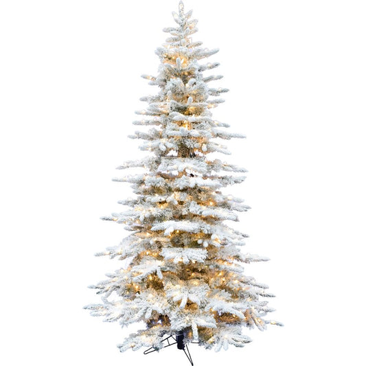 Fraser Hill Farm 12-Ft. Mountain Pine Flocked Artificial Christmas Tree with Warm White LED Lights and Stand, Prelit Foldable Fake Tree with Realistic Snowy Foliage for Home Decoration