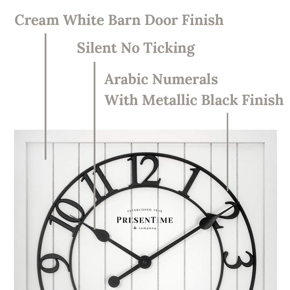Presentime & Co 21" Farmhouse Square Shiplap Barn Door Wood Clock - White, Arabic Numeral. Home Decoration/Wall Decoration/Farmhouse Décor for Living Room, Dining Room, and Entryway. Presentime