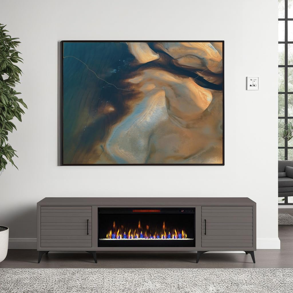 Realcozy Malibu Modern 95 inch Electric Fireplace TV Stand Entertainment Center with Fireplace, for TVs up to 105 inches, Solid Wood, White Finish Realcozy