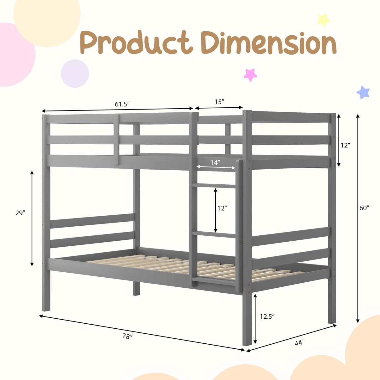 KOMFOTT Wood Bunk Bed Twin Over Twin, Bunk Bed with Ladder & Safety Guardrail, Solid Wood Bed Frame, Ideal for Dormitory & Multiple-Child Family, No Box Spring Needed, Kids Bunk Bed KOMFOTT