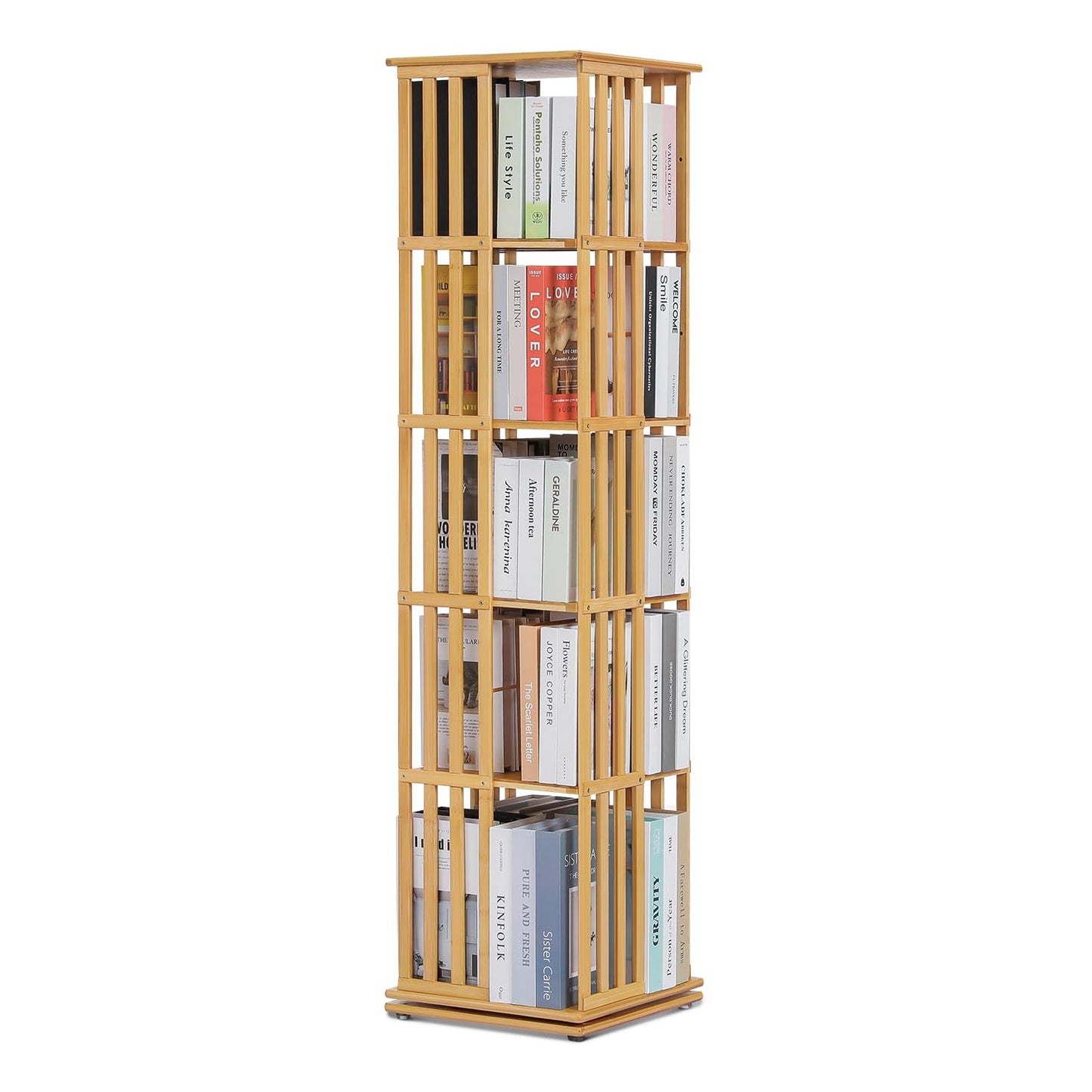 Magshion Rotating Bookcase 5-Tier Corner Shelf Bamboo Media Storage, 60" High Revolving Floor Standing Storage Organizer Living Room Bedroom 360 Degree Rotating Storage (Natural, Stripe Guardrail)