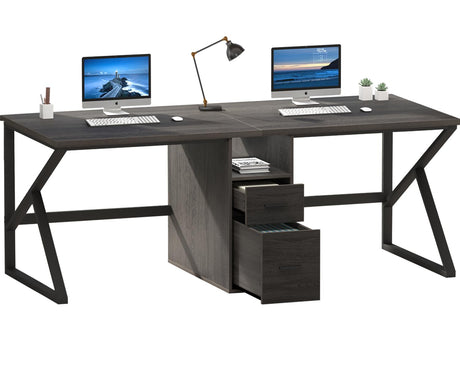 IBF Grey 2 Person Computer Desk, 79" Long Writing Dual Desk with File Drawer, Large Rustic Corner Wood Office Desk with Storage Shelf, Industrial Modern Work Executive Double Computer Table, Dark Gray IBF