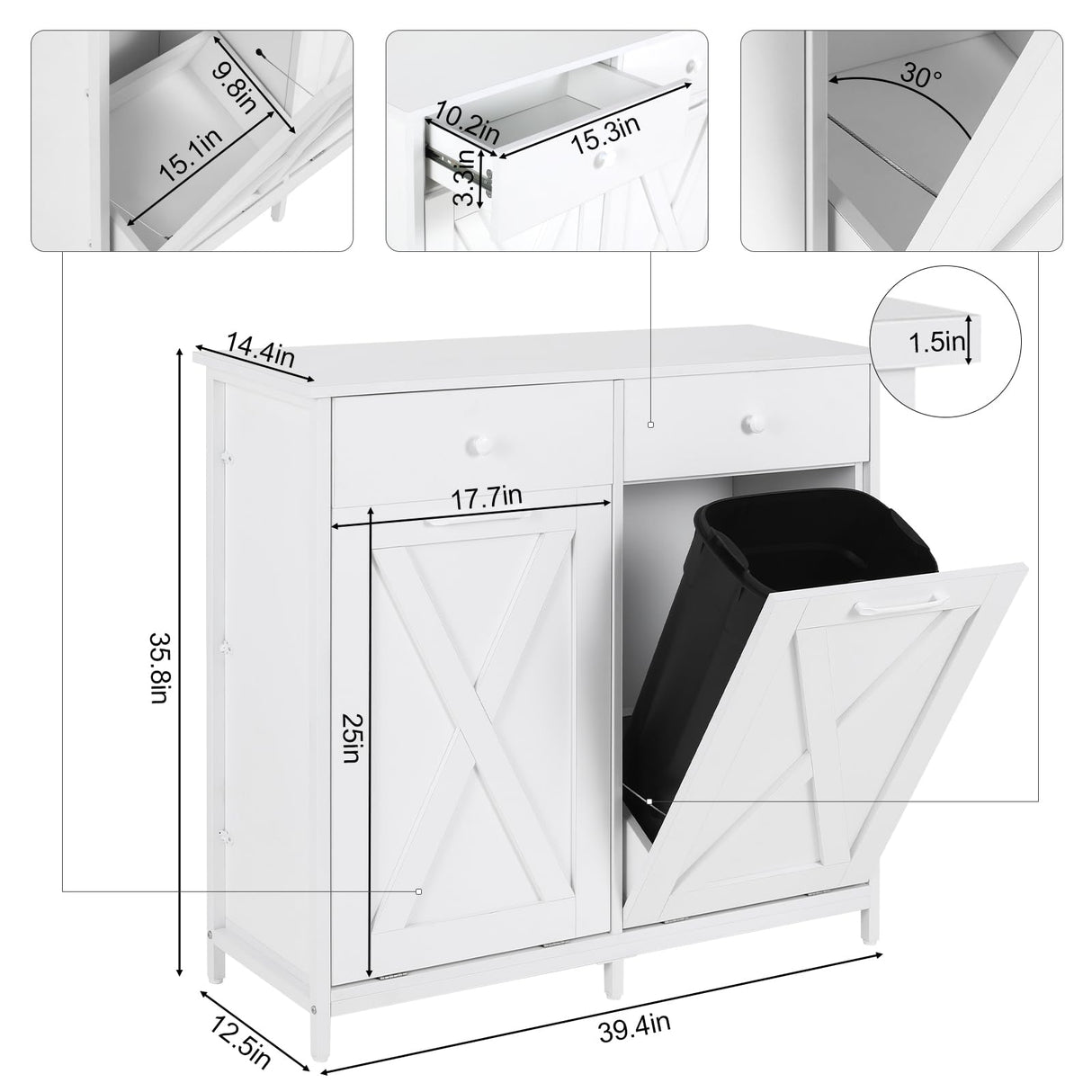 Clevich Double Tilt Out Trash Cabinet 20 Gal, Kitchen Wooden Recycling Cabinet, Hidden Trash Can Holder w/Drawers & Tabletop, Dog-Proof Trash Bin Cabinet, Trash Bins NOT Included(White) Clevich